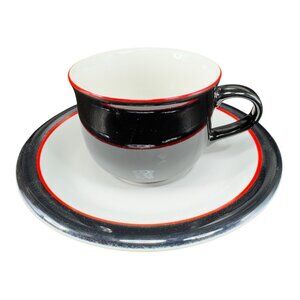 Ranmaru Tuxedo Japan Ceramic Stoneware Teacup And Saucer Set Black Red White VTG